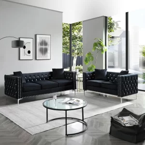 2 Piece Modern Velvet Upholstered Living Room Sofa Set with 3-Seater Sofa and Loveseat, Jeweled Button Tufted Copper Nails