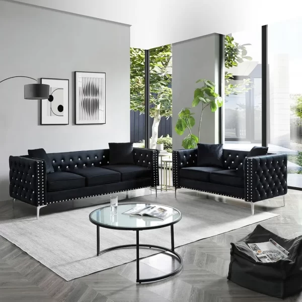 2 Piece Modern Velvet Upholstered Living Room Sofa Set with 3-Seater Sofa and Loveseat, Jeweled Button Tufted Copper Nails