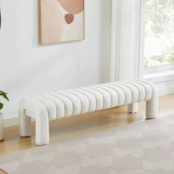 End of Bed Bench, Modern Sherpa Entryway Bench, Upholstered Ottoman Stool with Extra Length, Full Coverage Fabrics - Image 7
