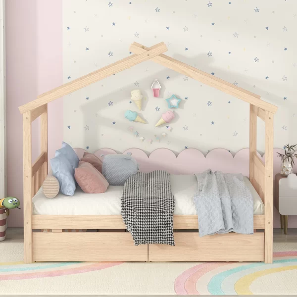 Full Size Wooden House Bed with Drawers, Natural - Image 2