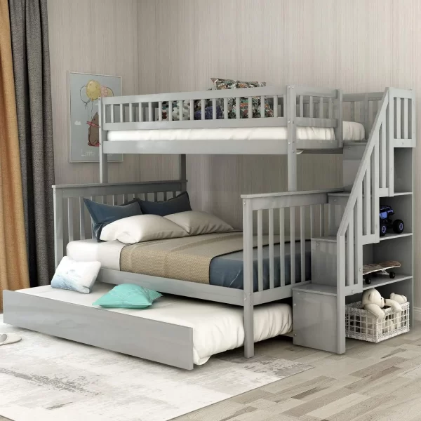 Twin Over Full Bunk Beds with Stairs, Wood Bunk Bed with Storage and Guard Rails,Bunk Beds Twin Over Full Size for Kids, Bedroom - Image 12