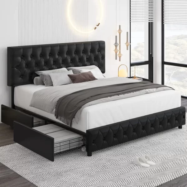 Modern Upholstered Bed Frame with 4 Storage Drawers, Button Tufted Headboard Design, Solid Wooden Slat Support, Easy Assembly - Image 9