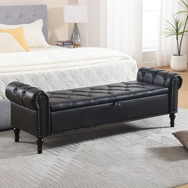 Leather Storage Bench 67 Inch Upholstered Tufted Ottoman Bench with Arms King Size End of Bed Bench for Bedroom Living Room Entr - Image 7