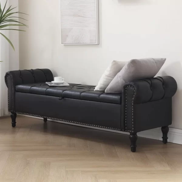 Leather Storage Bench 67 Inch Upholstered Tufted Ottoman Bench with Arms King Size End of Bed Bench for Bedroom Living Room Entr - Image 4