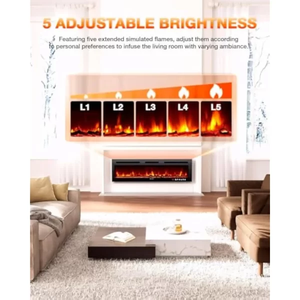 Electric Fireplace 60Inch,Wall Mounted Electric Fireplace Heater with Timer Inserts，TV Stand Touch Screen and Realistic Flame,L - Image 6