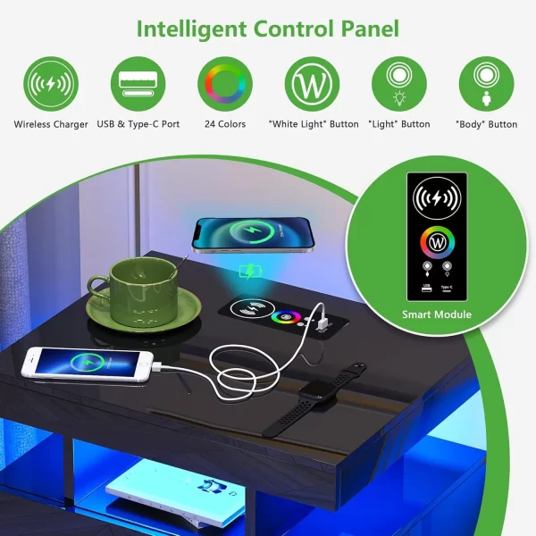 LED Nightstand, RGB Black Night Stand with USB/Wireless Charging Station, Modern Bedside Table has Auto Sensor RGB Lights - Image 4