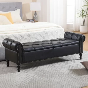 Leather Storage Bench 67 Inch Upholstered Tufted Ottoman Bench with Arms King Size End of Bed Bench for Bedroom Living Room Entr
