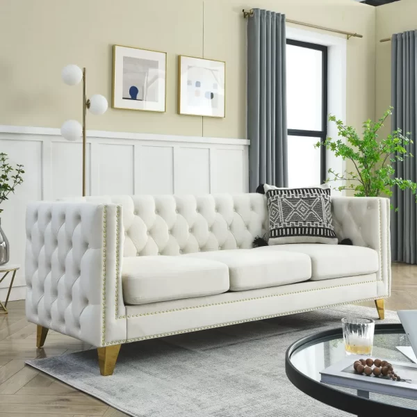 Modern Beige Velvet Sofa with Metal Legs - 3D Modeling Available! - Image 3