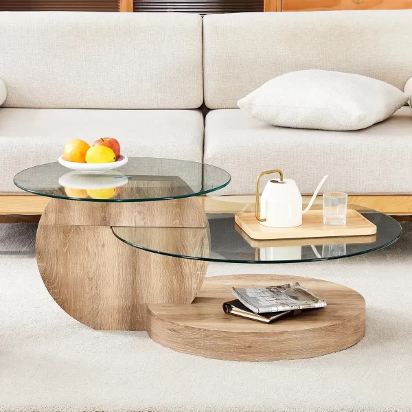 Glass Coffee Table, Modern Round Tempered Glass Coffee Tables for Living Room, 3-Tier Circle Walnut Coffee Table with Storage - Image 9