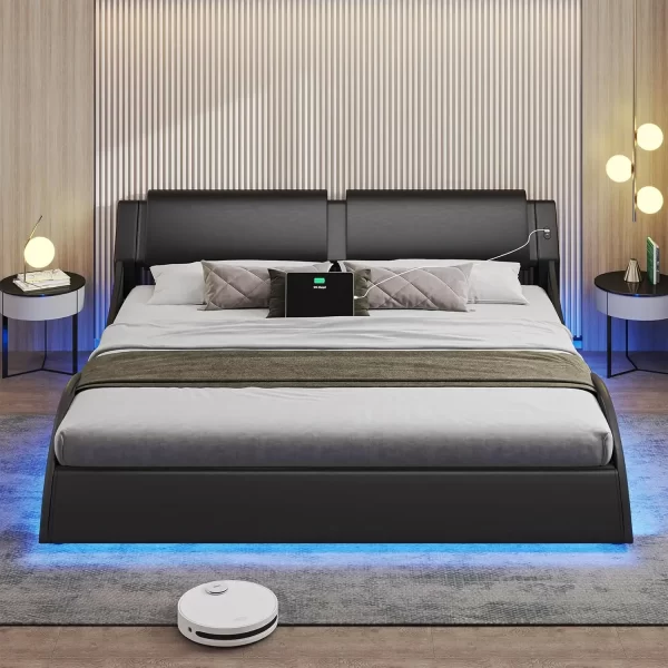 King Size Bed Frame with Headboard and Charging Ports Modern Low Profile King Platform Bed Frame with LED Lights Wave Like - Image 3