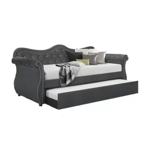 Gray Velvet Upholstered Wood Daybed with Trundle, Abby Collection