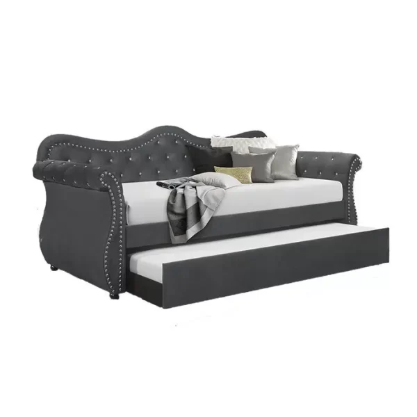Gray Velvet Upholstered Wood Daybed with Trundle, Abby Collection