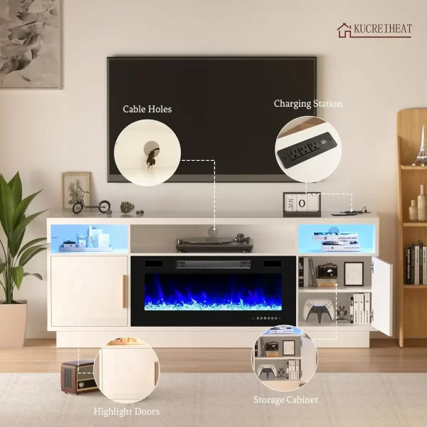 70'' TV Stand, 36'' Fireplace-LED Light Entertainment Center for 75 Inch TV Black TV Cabinet with Storage, Modern TVs Console - Image 9