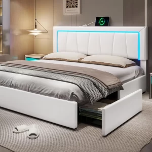 California King Bed Frame with 4 Storage Drawers,White Artificial Leather Upholstered Headboard, No Spring Needed, Noise Free