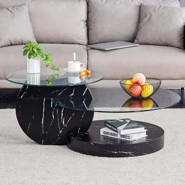 Glass Coffee Table, Modern Round Tempered Glass Coffee Tables for Living Room, 3-Tier Circle Walnut Coffee Table with Storage - Image 7