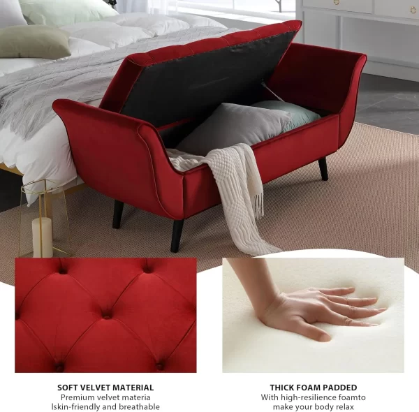 Velvet Storage Bench For Bedroom End Of Bed, 65"" Upholstered Rolled Armed Button Tufted Stool Bench, Storage Ottoman Long - Image 3