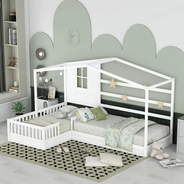 Solid Wood Twin Platform Beds Frame for 2 People, L Shaped Bed Frame with Roof, Twin Corner Bed House Beds for Kids - Image 8