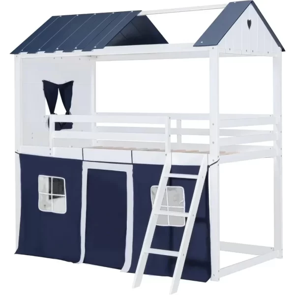 Twin Loft Bunk Bed with Tent,Kids Twin Loft Bed with Ladders,Guardrail,Windows & Roof,Suitable for bedrooms boys and girls - Image 6