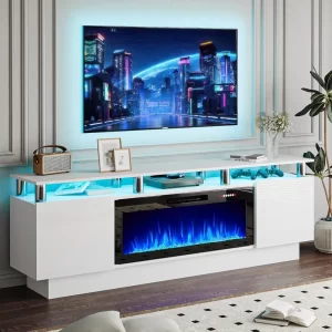 70" Modern Fireplace TV Stand with 36" Electric Fireplace for TVs Up to 80 inch, Luxury LED Light Entertainment Center with High