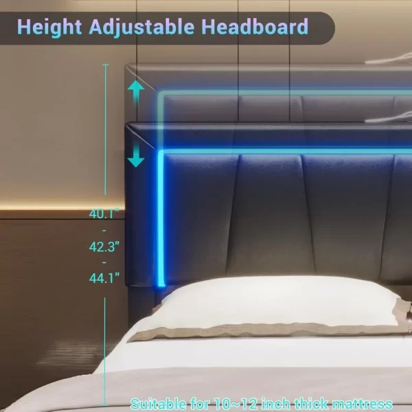 California King Bed Frame with 4 Storage Drawers, Charging Station, Artificial Leather Upholstered Headboard, LED Bed Frame - Image 6