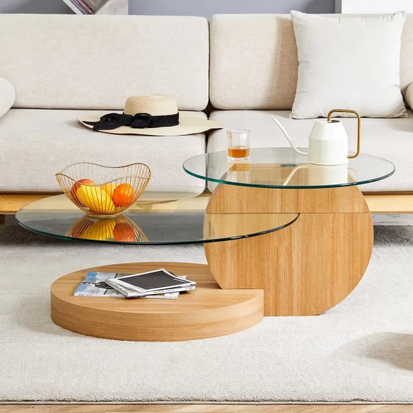 Glass Coffee Table, Modern Round Tempered Glass Coffee Tables for Living Room, 3-Tier Circle Walnut Coffee Table with Storage - Image 10
