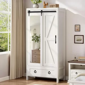 Bathroom Storage Cabinet - Tall Storage Cabinet with Full Length Mirror, Farmhouse Bathroom Cabinets with Doors and Drawers