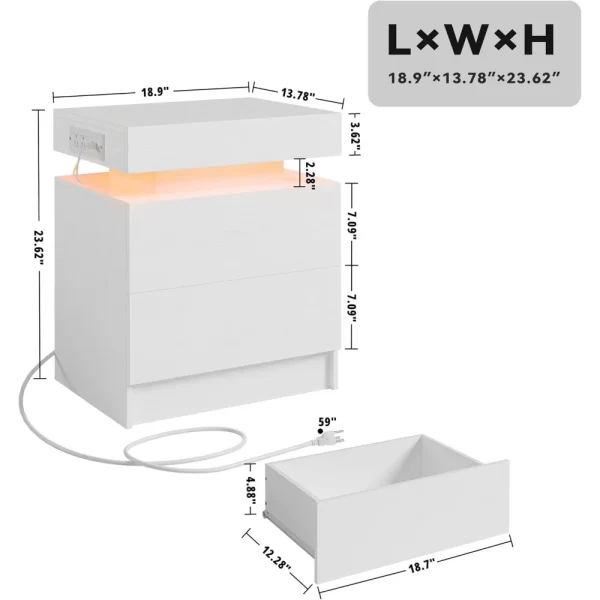 Night Stand Set of 2, Modern White Nightstand with with Charging Station, Bedside Tables with LED Light and Drawers, End Table - Image 2