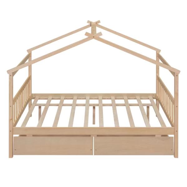 Full Size Wooden House Bed with Drawers, Natural - Image 6