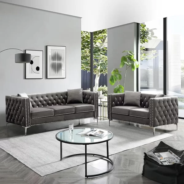 2 Piece Modern Velvet Upholstered Living Room Sofa Set with 3-Seater Sofa and Loveseat, Jeweled Button Tufted Copper Nails - Image 7