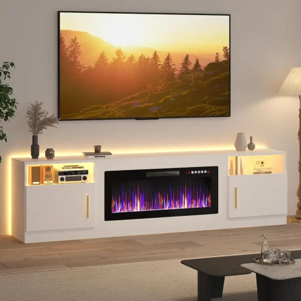 36 inch Fireplace Up to 90" TVs, LED Light Entertainment Center and Storage, 80" Modern Wood Media, TV Stands