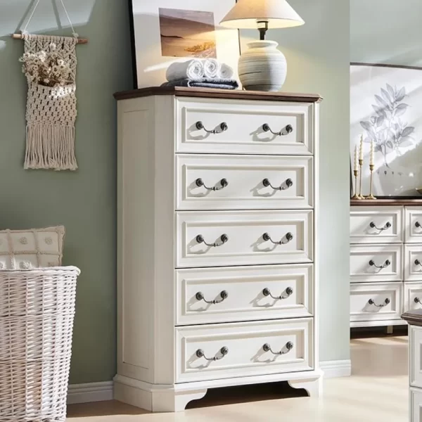 48" Tall Wood Rustic Chest of Drawers, Farmhouse 5 Drawers Dresser, Storage Dressers Organizer for Bedroom