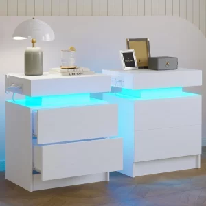 Night Stand Set of 2, Modern White Nightstand with with Charging Station, Bedside Tables with LED Light and Drawers, End Table