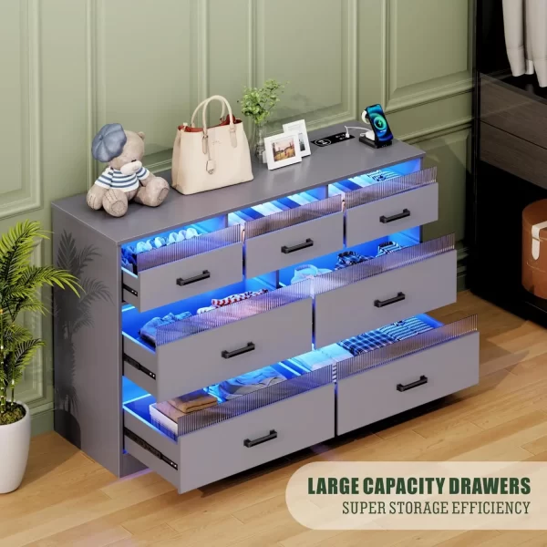 Grey Dressers for Bedroom, 7 Drawers Large Chest of Drawers with LED Light, Modern Dresser with USB & Type-c Charging Ports - Image 3