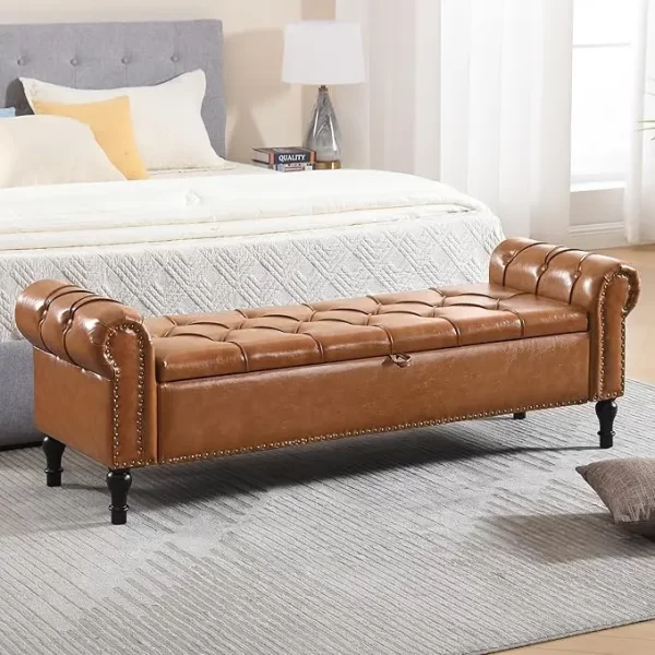 Leather Storage Bench 67 Inch Upholstered Tufted Ottoman Bench with Arms King Size End of Bed Bench for Bedroom Living Room Entr - Image 8