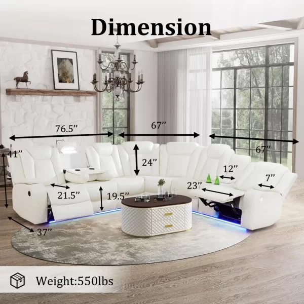 Power Reclining Sectional Sofa USB Chargers and Storage Console, Leather Recliner Sofa for Living Room Furniture Set - Image 4