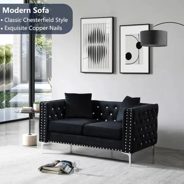 2 Piece Modern Velvet Upholstered Living Room Sofa Set with 3-Seater Sofa and Loveseat, Jeweled Button Tufted Copper Nails - Image 4