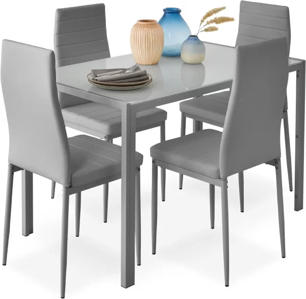 5-Piece Glass Dining Set, Modern Kitchen Table Furniture for Dining Room, Dinette, Compact Space-Saving w/Glass Tabletop - Image 9