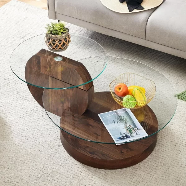 Glass Coffee Table, Modern Round Tempered Glass Coffee Tables for Living Room, 3-Tier Circle Walnut Coffee Table with Storage - Image 6