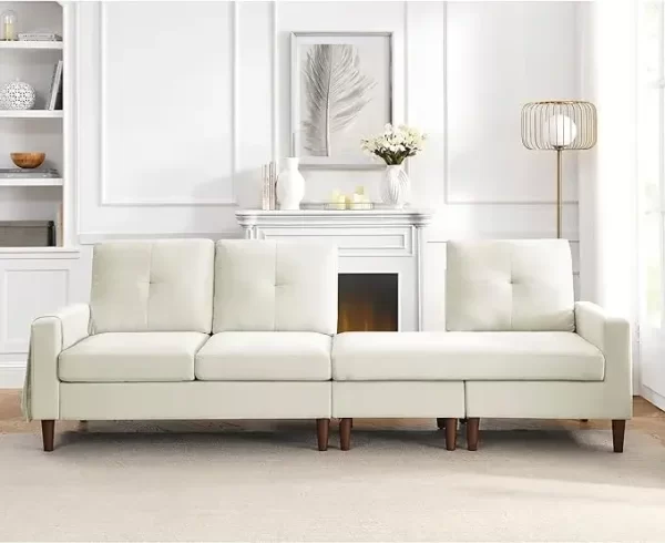 Modular sofa, Beige linen modern 3 seater L shaped upholstered furniture, Reversible footrest with storage and pockets - Image 8