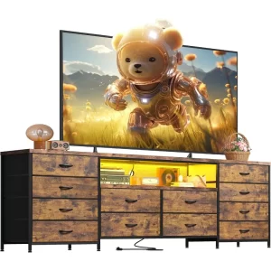 Fits 75" TV Stand Dresser with LED Lights & Power Outlets & 12 Drawers Dresser, Fabric Dresser Entertainment Center, TV Stand