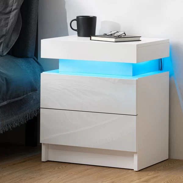 Nightstand RGB LED Light Bedside Table Cabinet with 2 Drawer Bedroom High Gloss - Image 2
