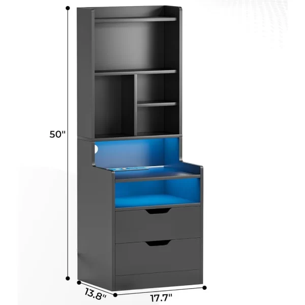 Charging Nightstand Set of 2 with LED Lights,Tall Night Stand with Bookshelf,Bedside Table with Drawers - Image 6