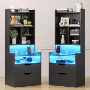 Charging Nightstand Set of 2 with LED Lights,Tall Night Stand with Bookshelf,Bedside Table with Drawers