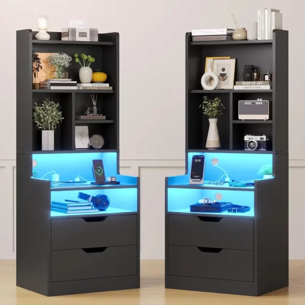 Charging Nightstand Set of 2 with LED Lights,Tall Night Stand with Bookshelf,Bedside Table with Drawers