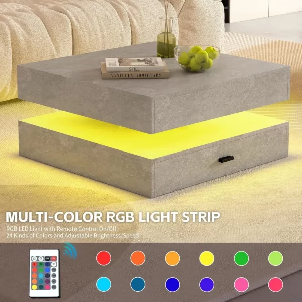 LED Coffee Table for Living Room,2-Tier Modern High Gloss Square Middle Center Table with Storage Drawers - Image 4