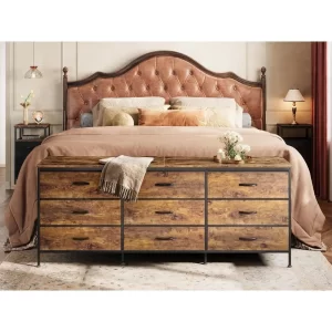 9 Drawer Dresser, 63 Inch TV Stand for 55, 65, 70 Inch TV, Large Long Fabric Dresser for Bedroom
