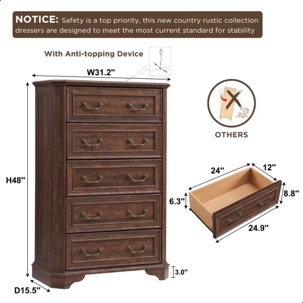 48" Tall Wood Rustic Chest of Drawers, Farmhouse 5 Drawers Dresser, Storage Dressers Organizer for Bedroom - Image 10