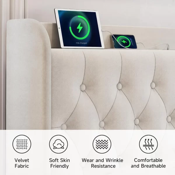 Bed Frame with Headboard, Adjustable Velvet Upholstered Bed Frame with Type-C&USB Ports, Wingback Storage Headboard - Image 4