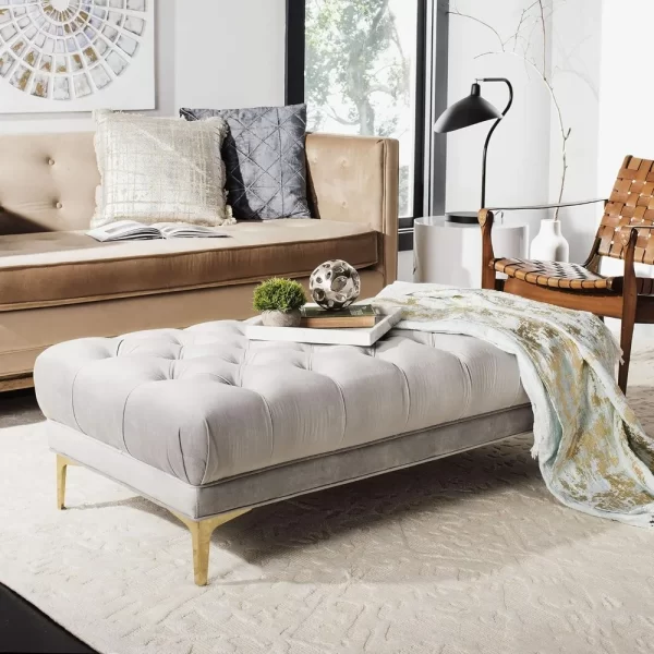 54-inch Glam Grey Velvet and Brass Tufted Rectangular Bench - Image 3