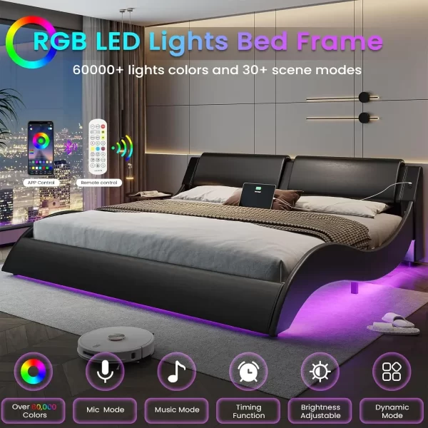 King Size Bed Frame with Headboard and Charging Ports Modern Low Profile King Platform Bed Frame with LED Lights Wave Like - Image 4